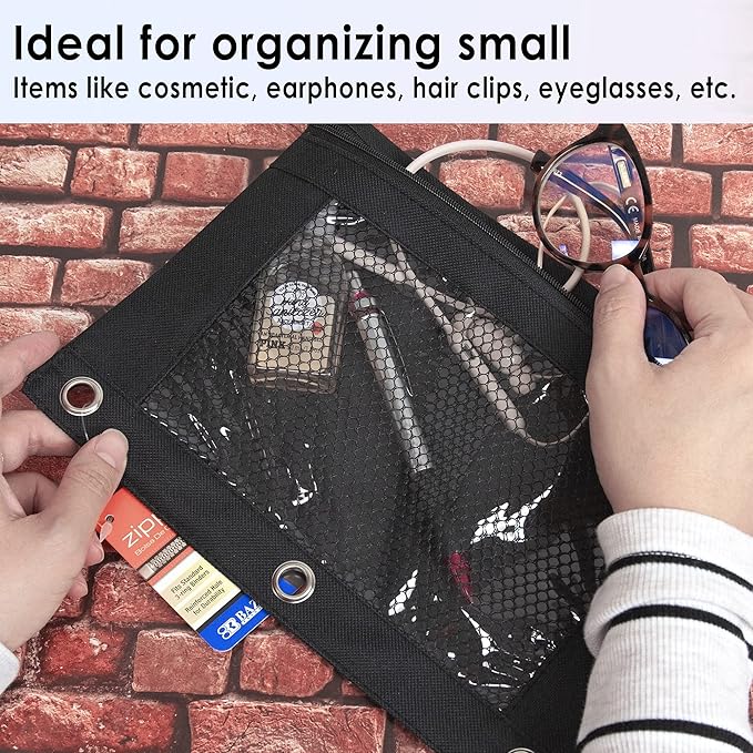BAZIC Pencil Pouch 3 Ring Binder Pouch w Rivet Enforced Rings Hole, Black Mesh Window Zipper Pouches, 1-Count