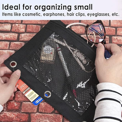 BAZIC Pencil Pouch 3 Ring Binder Pouch w Rivet Enforced Rings Hole, Black Mesh Window Zipper Pouches, 1-Count