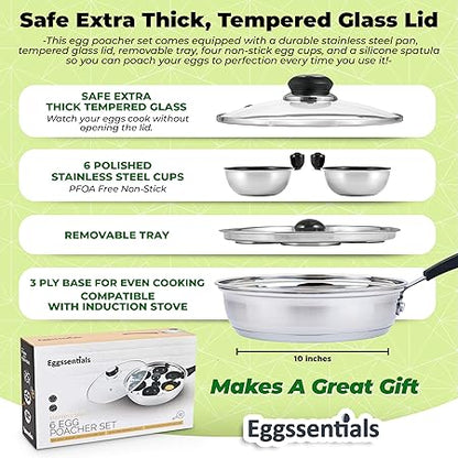 Eggssentials Egg Poacher Pan Nonstick Poached Egg Maker, Stainless Steel Egg Poaching Pan, Poached Eggs Cooker Food Grade Safe PFOA Free with Spatula, Egg Poachers Cookware