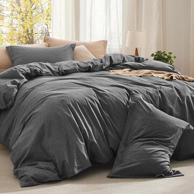 Bedsure Comforter Set Queen Size Dark Grey - Cotton Fabric with Microfiber Inner Fill, Queen Comforter Set for All Seasons, 3 Pieces, 1 Comforter (90"x90") and 2 Pillow Cases (20"x26")