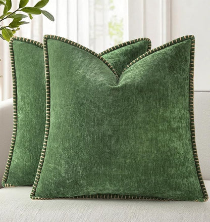 decorUhome Fall Chenille Soft Cozy Throw Pillow Covers 16x16 Set of 2, Modern Farmhouse Boho Velvet Decorative Pillow Cases with Stitched Edge for Couch Sofa Bed Home Decor, Forest Green