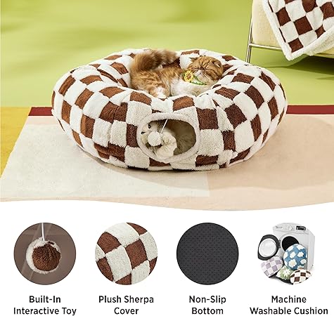 Lesure Cat Tunnel Bed for Indoor - Cute Cat Donut Tunnel with Washable Circle Cushion, Round Pet Peekaboo Cave Toy for KittenPuppyRabbit, Brown
