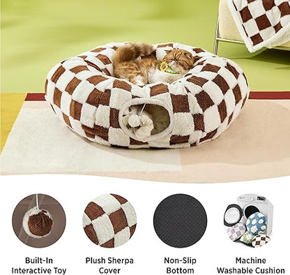Lesure Cat Tunnel Bed for Indoor - Cute Cat Donut Tunnel with Washable Circle Cushion, Round Pet Peekaboo Cave Toy for KittenPuppyRabbit, Brown