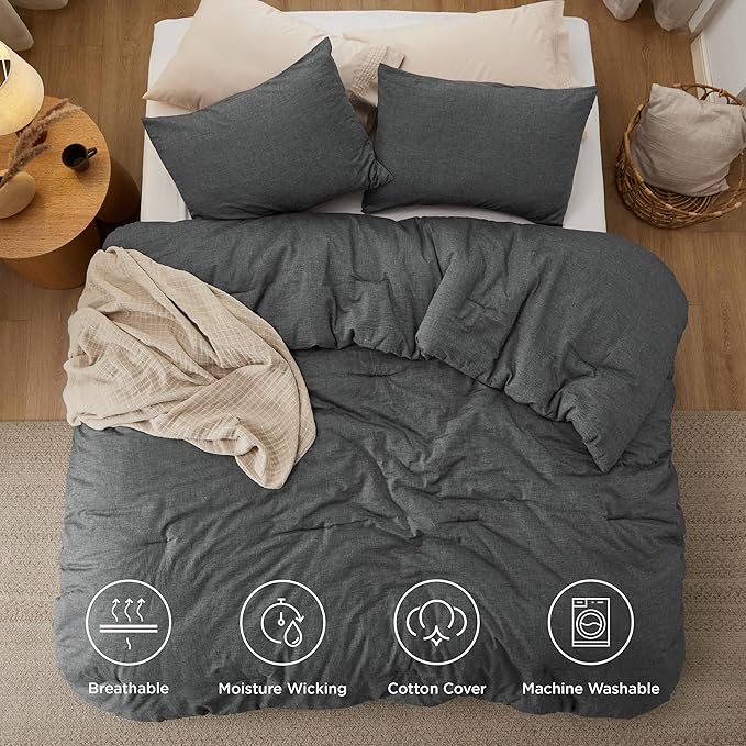 Bedsure Comforter Set Queen Size Dark Grey - Cotton Fabric with Microfiber Inner Fill, Queen Comforter Set for All Seasons, 3 Pieces, 1 Comforter (90"x90") and 2 Pillow Cases (20"x26")