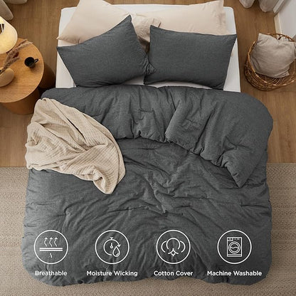 Bedsure Comforter Set Queen Size Dark Grey - Cotton Fabric with Microfiber Inner Fill, Queen Comforter Set for All Seasons, 3 Pieces, 1 Comforter (90"x90") and 2 Pillow Cases (20"x26")