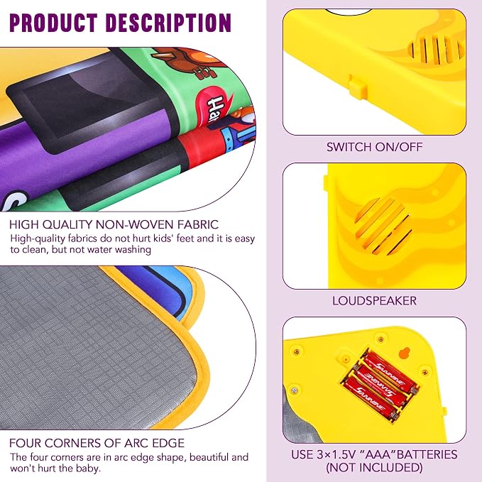 Colorful musical mat with 25 built-in sounds, 7 instruments, 15 melodies, entertaining and educational for kids.