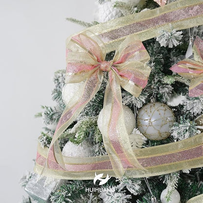 HUIHUANG Pink and Gold Christmas Ribbon 2.5 inch Metallic Gold with Pink Glitter Mesh Wired Ribbon for Christmas Tree Decorations, Garlands, Wreaths, Bows, Crafts, Home Decor-Continuous 10 Yards