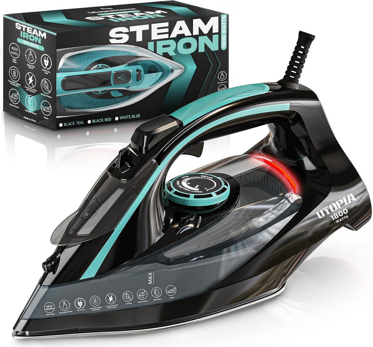 Utopia Home Steam Iron for Clothes - Non-Stick Soleplate - 1800W Clothes Iron With Auto-Off Safety Feature - Adjustable Thermostat Control, Variable Steam Control, Self-Clean, 8 Feet Cord (Black/Teal)