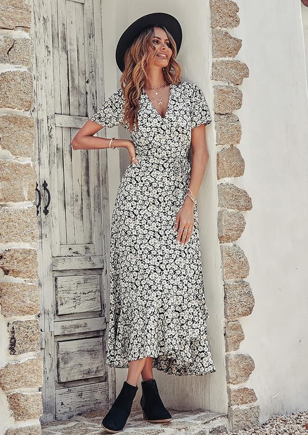 PRETTYGARDEN Women's Summer Maxi Dress Casual Wrap Floral Boho Short Sleeve V Neck Split Ruffle Beach Long Dresses