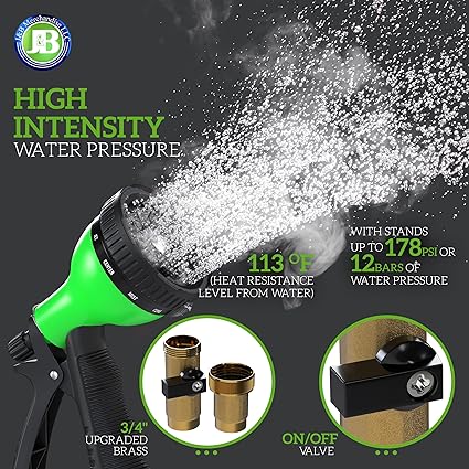 JB XpandaHose 50ft Expandable Garden Hose with Holder - Heavy Duty Superior Strength 3750D - 4 -Layer Latex Core - Extra Strong Brass Connectors and 10 Spray Nozzle with Storage Bag (Green 50)
