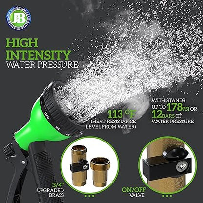 JB XpandaHose 50ft Expandable Garden Hose with Holder - Heavy Duty Superior Strength 3750D - 4 -Layer Latex Core - Extra Strong Brass Connectors and 10 Spray Nozzle with Storage Bag (Green 50)