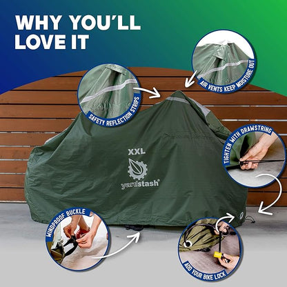 YardStash Bike Cover  XXL Reflective Bicycle Covers for Outside Storage - Waterproof  Weatherproof Garden Tarp Shelters for Bikes, Trikes, 29ers, and Electric Bicycles  Green