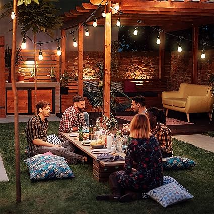 Honeywell 48 FT Outdoor String Lights, Commercial Grade Waterproof LED Patio Lights, 15 Plastic E26 Bulbs, Create Cafe Lighting Ambience in Your Backyard