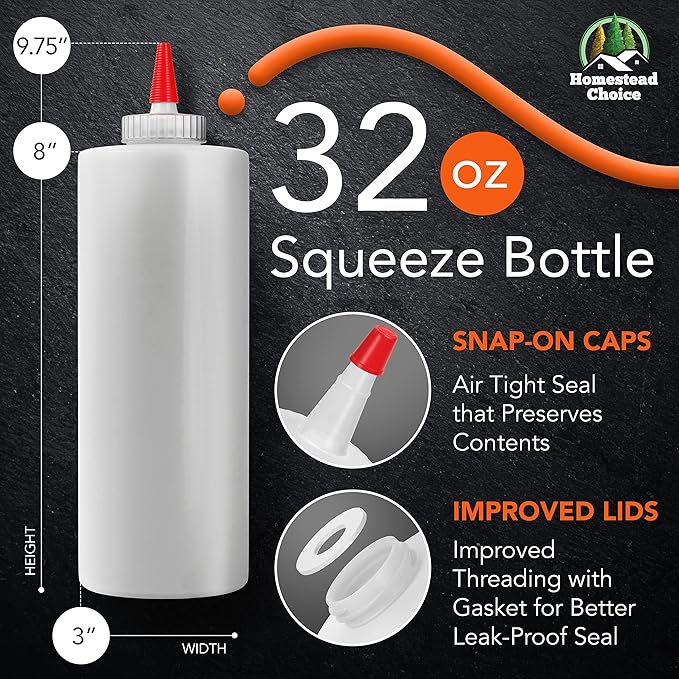 Homestead Choice Made in USA Condiment Squeeze Bottles 32 OZ, 3 Pack Squirt Bottles for Sauces Liquids BPA Free Condiment Bottles with Cap Ketchup, Syrup, Oil, Dressings, Honey, BBQ, Arts Crafts
