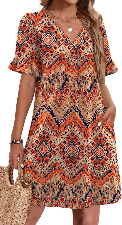 OFEEFAN Summer Dresses for Women Ruffle Short Sleeve V Neck Casual Shift Dress with Pockets .