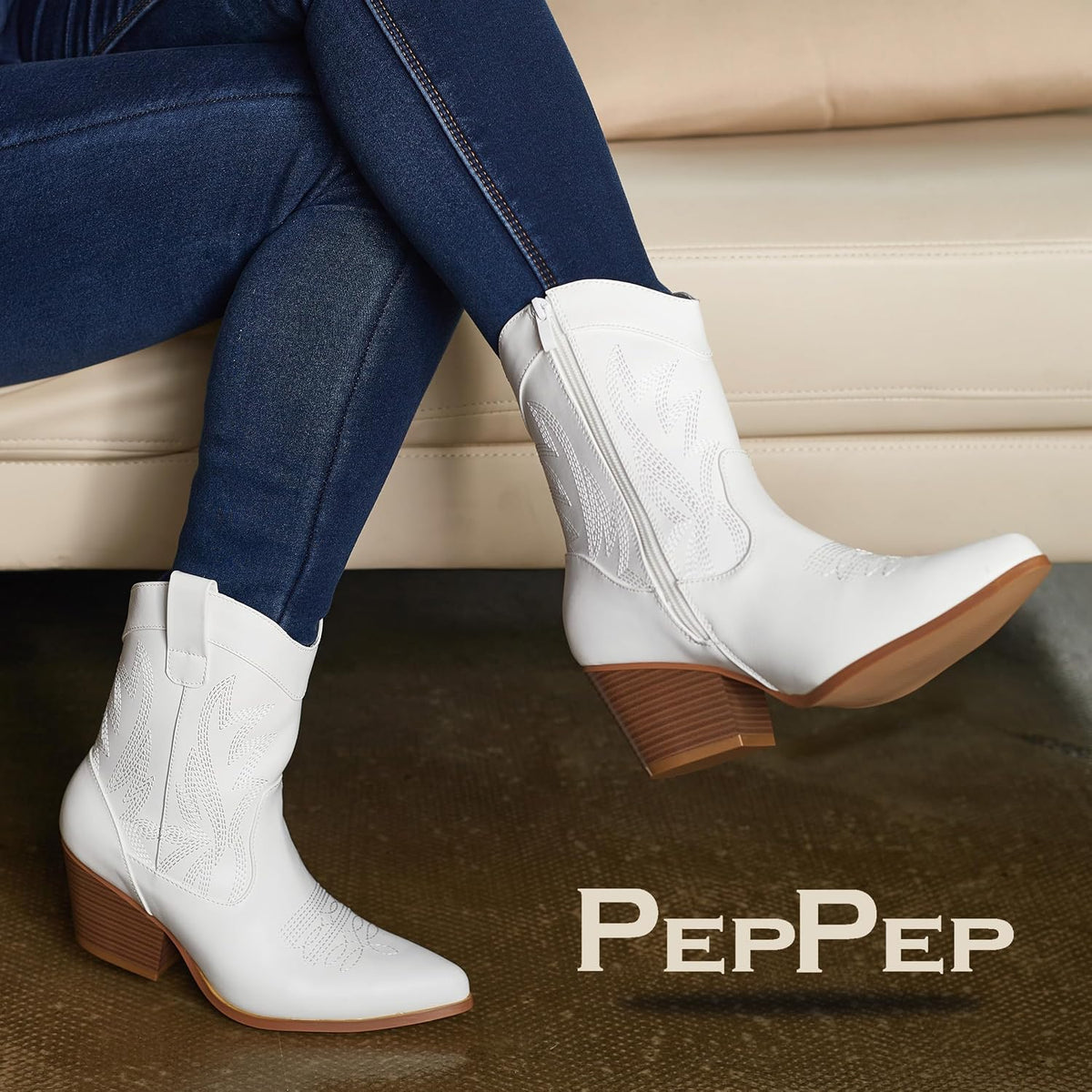 Western Cowgirl Cowboy Ankle Boots for Women or Ladies, Mid Calf, Vegan Leather Embroidered Upper, Low Heel, Fashionable Pointed-toe, Well Made