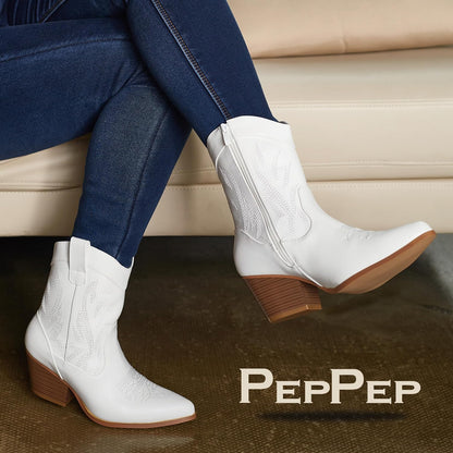 Western Cowgirl Cowboy Ankle Boots for Women or Ladies, Mid Calf, Vegan Leather Embroidered Upper, Low Heel, Fashionable Pointed-toe, Well Made