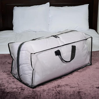 ZENPAC Large Blanket Storage with Handles, Zippered Clear Bags, Heavy Duty, Waterproof for Packing Clothes, Linens, Comforters, 27x12x13.75 3 Pack