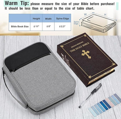 Bible Cover, Carrying Book Case Book Cover Church Bag with Handle and Zippered Pocket, Bible Protective Case w 200 PCs Bible Tabs for Men Women Mother Lady Girls (Gray)