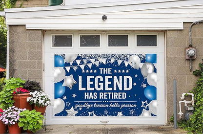 Retirement Banner Party Decortions The Legend Has Retired Banner Decor for Men Woman Coworker, Blue Silver Farewell Send-Off Backdrop Retirement Party Supplies