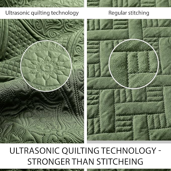 IR Imperial Rooms King Quilt Bedding Set Olive Green Bedspread Coverlet Soft Microfiber Lightweight All-Season Quilts Comforter, Ultrasonic Embossed Floral Pattern, Scalloped Edge, 3 Piece 106x96in
