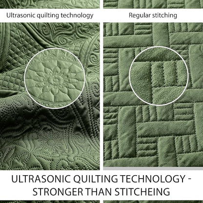 IR Imperial Rooms King Quilt Bedding Set Olive Green Bedspread Coverlet Soft Microfiber Lightweight All-Season Quilts Comforter, Ultrasonic Embossed Floral Pattern, Scalloped Edge, 3 Piece 106x96in