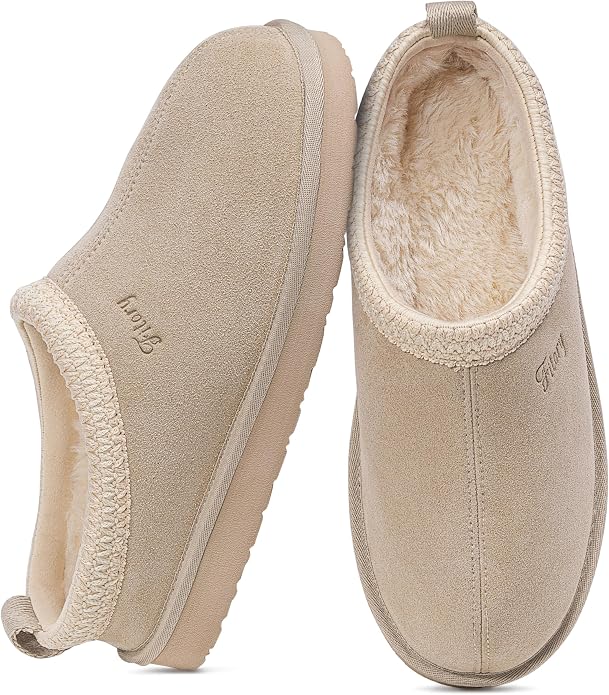 FITORY Women's Suede Slippers, Slip On House Flats with Faux Fur Lining | Short Mini Boots, Indoor & Outdoor, EVA Non-slip Outsole, Lightweight Fuzzy Winter Shoes, Warm & Cozy
