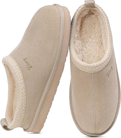 FITORY Women's Suede Slippers, Slip On House Flats with Faux Fur Lining | Short Mini Boots, Indoor & Outdoor, EVA Non-slip Outsole, Lightweight Fuzzy Winter Shoes, Warm & Cozy
