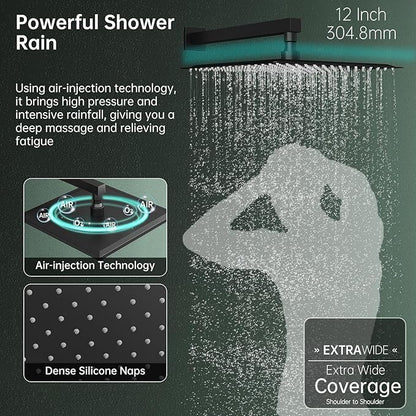 Hoimpro 12 Inch Square Rain Shower Head, Large Waterfall Rainfall Showerhead, High Pressure Stainless Steel Rainfall Rainhead, 116 Ultra-Thin Water Saving Design with Silicone Nozzle, Matte Black