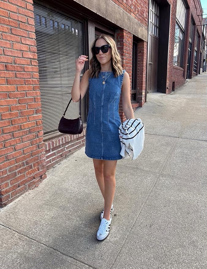 Daacee Womens Sleeveless Bodycon Denim Mini Dress Casual Waist Tucks Zipper Tank Jean Dresses