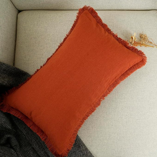 YOUR SMILE Throw Pillow Cases Pack of 2 Cotton Fringe Edges Dyed Soft Chenille Cushion Covers for Couch Sofa Home Farmhouse Decoration 12 x 20 inchOoaRust Orange