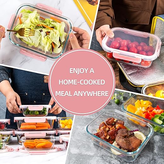 Glass Food Storage Containers,2PC Glass Meal Prep Container, Leak Proof, Glass Storage Containers with Lids, Ideal for Food Storage, Lunch, On-the-Go, Leftover - Pink