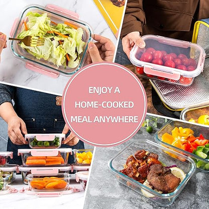Glass Food Storage Containers,2PC Glass Meal Prep Container, Leak Proof, Glass Storage Containers with Lids, Ideal for Food Storage, Lunch, On-the-Go, Leftover - Pink