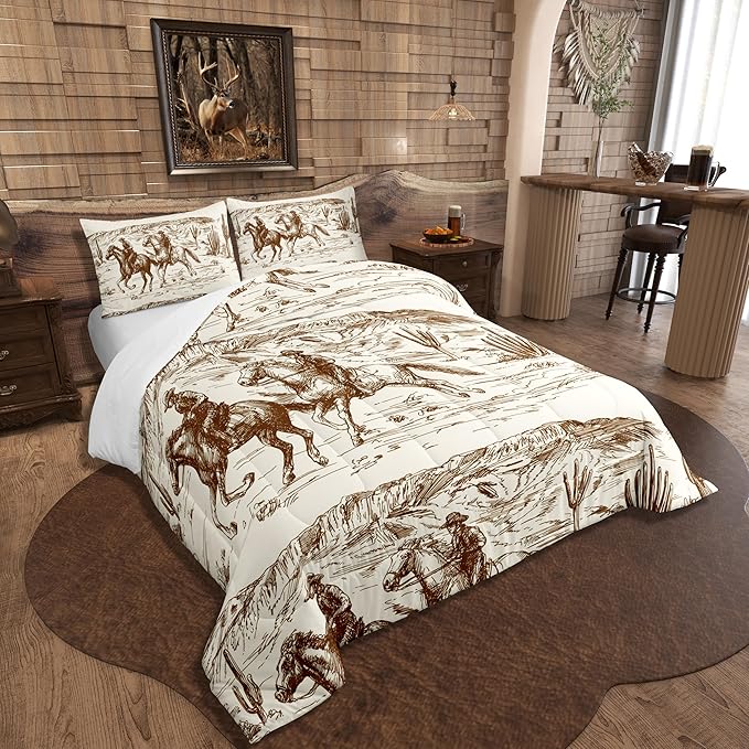 Erosebridal Western Comforter Set Full Size Cowboy Bedding Set American Wild West Desert Hand Drawn Illustration Down Comforter Country Theme Bedroom Decor Duvet Set for Boys Men Teens