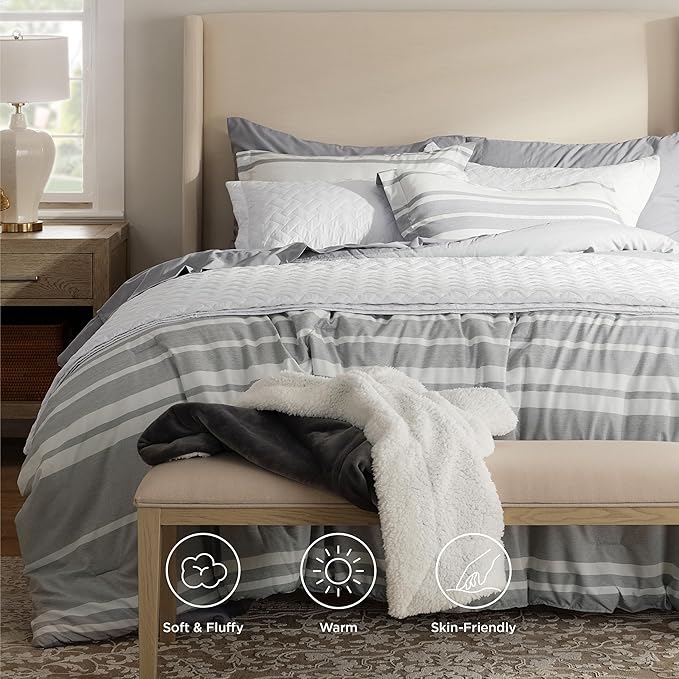 Bedsure Queen Comforter Set 7 Pieces, Grey Striped Bedding Set for Queen Size Bed Reversible, Cationic Dyeing Bed in a Bag with Comforter, Sheets, Pillowcases  Shams