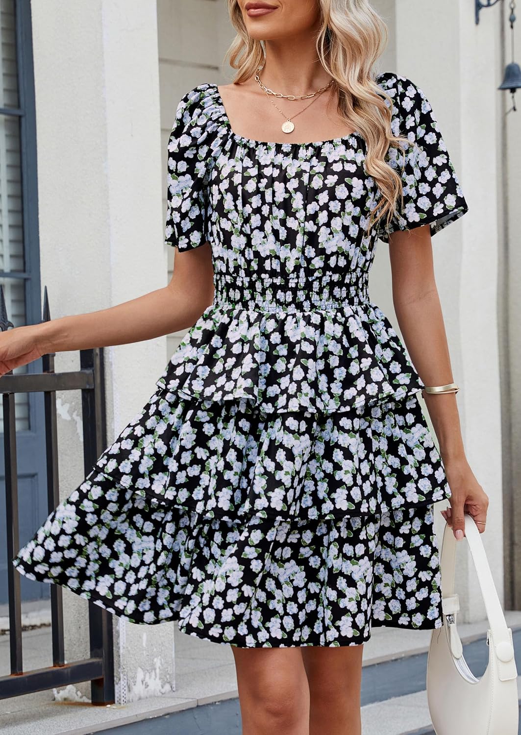 PRETTYGARDEN Women's 2026 Floral Summer Short Dress Square Neck Short Sleeve Tiered Ruffle Boho Swing Dresses