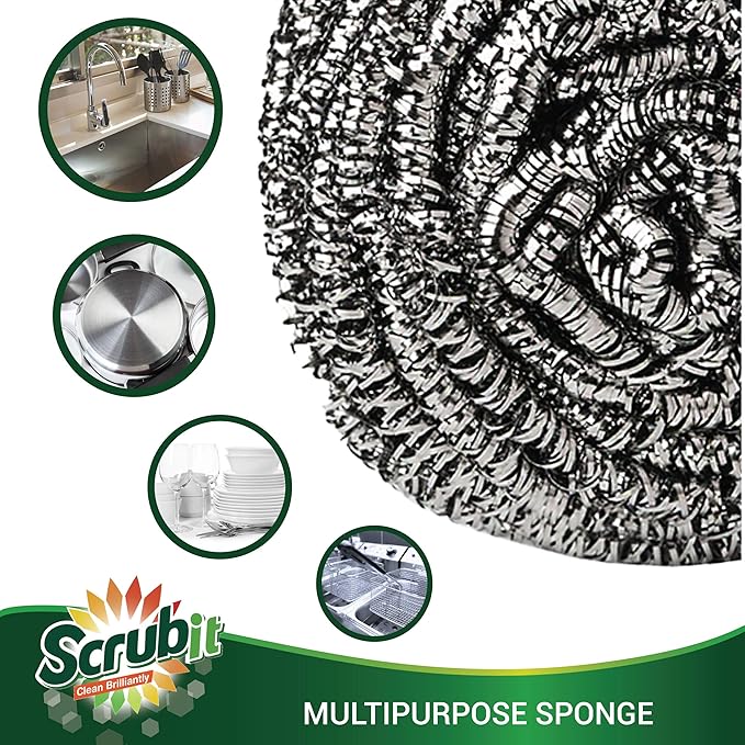 SCRUBIT 6 Pack Stainless Steel Scourers  Steel Wool Scrubber Pad Used for Dishes, Pots, Pans, and Ovens. Easy scouring for Tough Kitchen Cleaning.