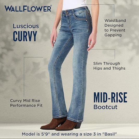 WallFlower Luscious Curvy Bootcut Jeans for Women Mid-Rise Insta Stretch Denim, Size Inclusive Juniors Jeans, Sizes 0 to 24