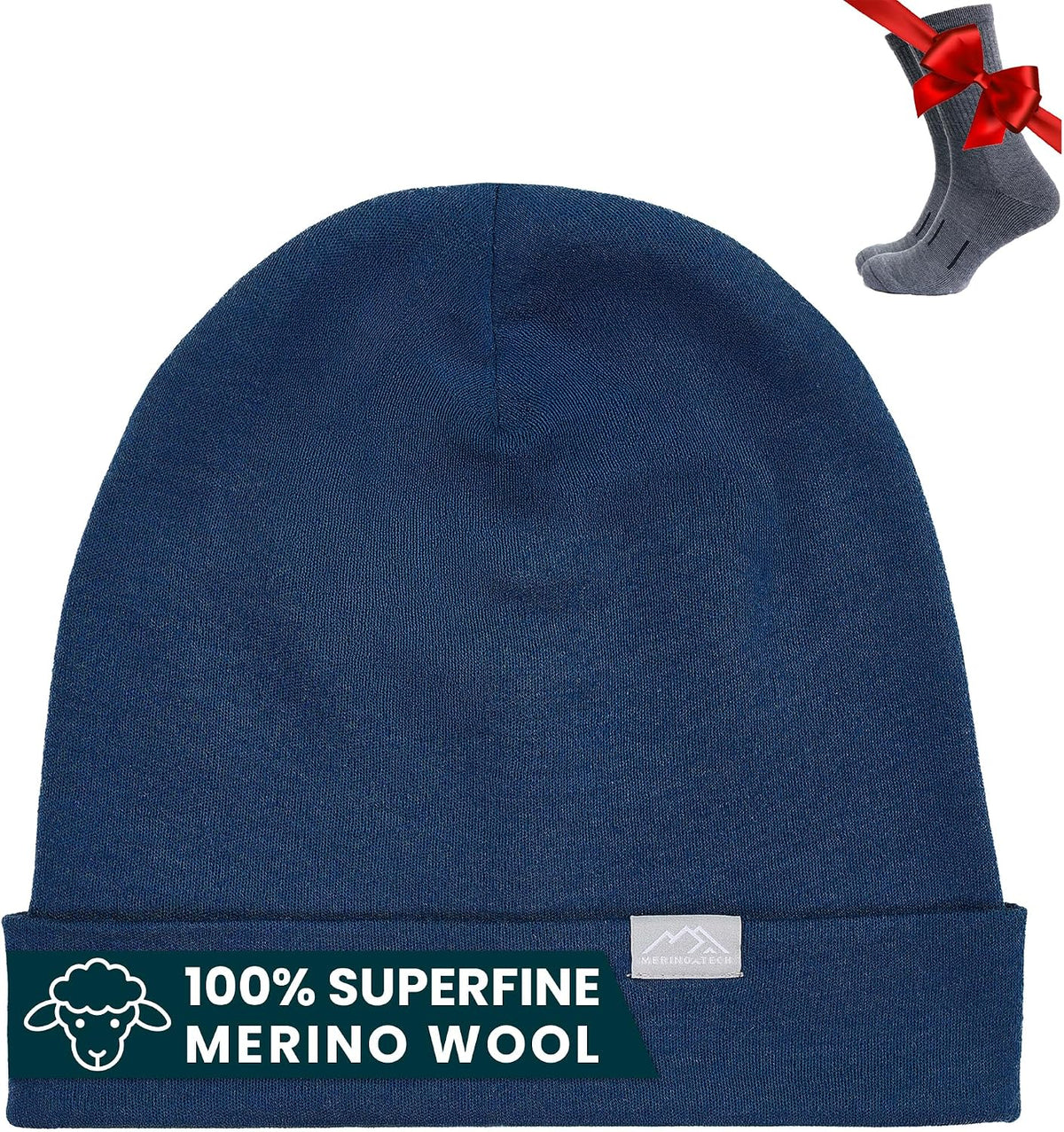 Merino Wool Beanie (color does not match, Medium Blue) for Women & Men - 100% Merino Skull Cap 17.5um - All Season Unisex Adult Hat & Socks for Running, Hiking