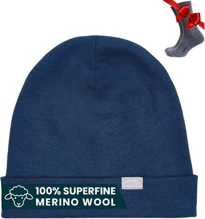 Merino Wool Beanie (color does not match, Medium Blue) for Women & Men - 100% Merino Skull Cap 17.5um - All Season Unisex Adult Hat & Socks for Running, Hiking