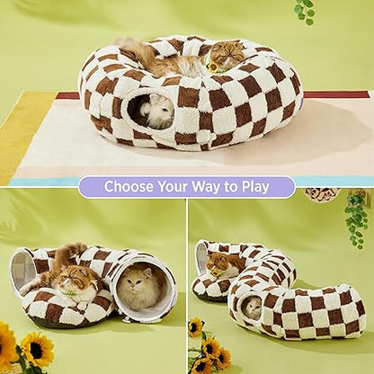Lesure Cat Tunnel Bed for Indoor - Cute Cat Donut Tunnel with Washable Circle Cushion, Round Pet Peekaboo Cave Toy for KittenPuppyRabbit, Brown