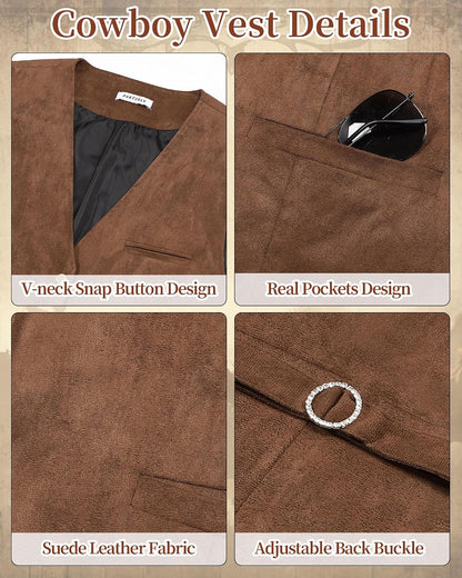 3 PCS Cowboy Outfit for Men, Western Cowboy Costume Vest, Men Cowboy Costume with Western Belt Necktie for Halloween Party