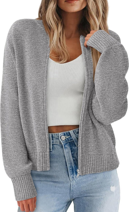 Women's Chunky Cardigan Sweaters Spring Open Front Long Sleeve Ribbed Knit Zipper Short Cardigans Outerwear Coats