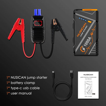 NUSICAN Car Battery Jump Starter, 1000A Peak 12V Auto Lithium Jump Starter, Portable Car Battery Booster Power Pack for up 7L Gas or 5.5L Diesel Engine, LED Flashlight & USB Quick Charge