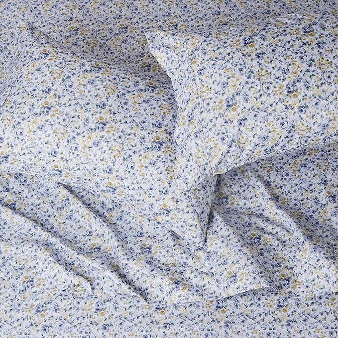 Basics Soft, Easy Care Deluxe Brushed Microfiber Queen Bed Sheets, 4-Piece, Blue Floral