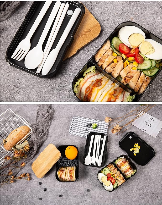 Bento Box Adult Lunch Box - 2 Stackable Containers, 68 oz Large, Natural Bamboo Lid, Microwave Safe, Dishwasher Safe, Bpa free, Gifts for Women