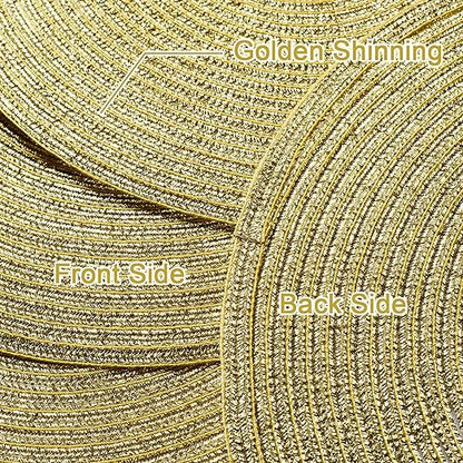 AHHFSMEI Round Braided Christmas Placemats 15 Inch Round Table Mats for Dining Tables Woven Heat Resistant Place mats Set of 6 (Gold Shine)