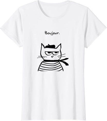 Bonjour French Cat Funny T-Shirt
