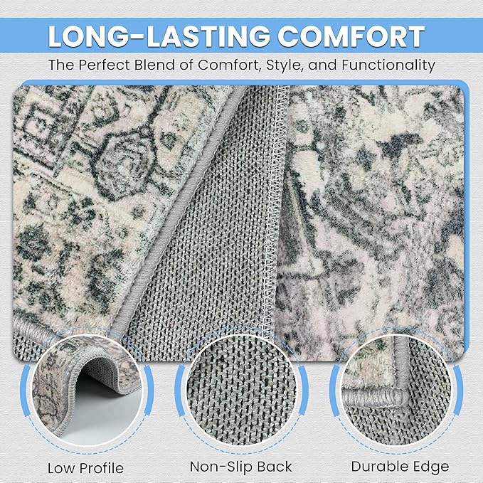 Washable Runner Rug 2x6  Non Slip Rug Runners for Hallways, Entryways, Kitchens, Bathrooms, Bedrooms  Ultra-Soft Flannel Carpet Runners with Rubber Backing (Light Grey, 2x6)