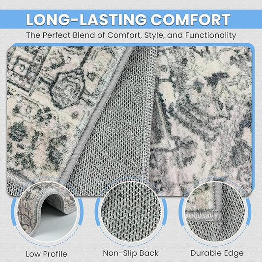 Washable Runner Rug 2x6  Non Slip Rug Runners for Hallways, Entryways, Kitchens, Bathrooms, Bedrooms  Ultra-Soft Flannel Carpet Runners with Rubber Backing (Light Grey, 2x6)